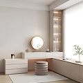 Modern White Dressing Table with Round Mirror Lit Shelf Small Stool Green Plant Minimalist Design 3d model