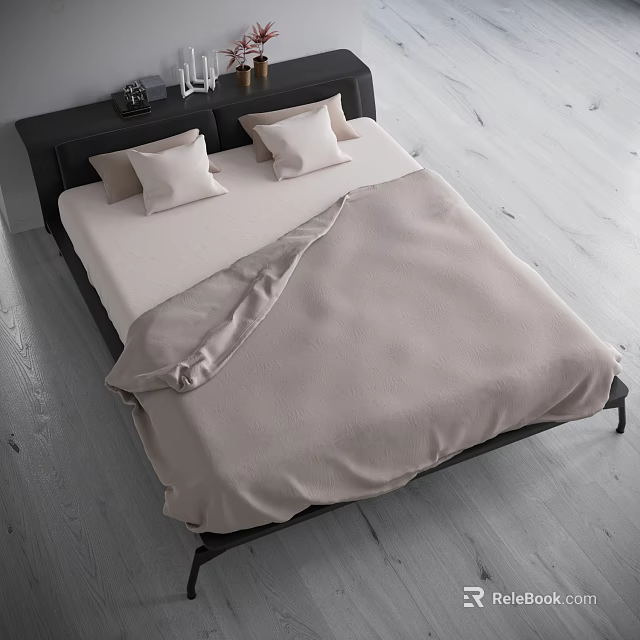Modern Double Bed with Black Headboard White Pillows Beige Bedding in Wooden Floor Interior 3d model 