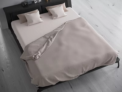 Modern Double Bed with Black Headboard White Pillows Beige Bedding in Wooden Floor Interior 3d model
