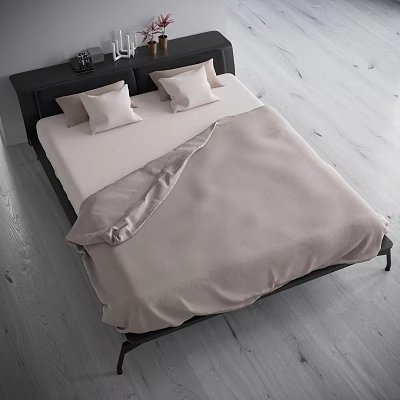 Modern Double Bed with Black Headboard White Pillows Beige Bedding in Wooden Floor Interior 3d model