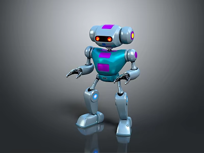 3D Robot Character Design with Blue Purple Accents Red Glowing Eyes and Metallic Limbs 3d model