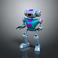 3D Robot Character Design with Blue Purple Accents Red Glowing Eyes and Metallic Limbs
