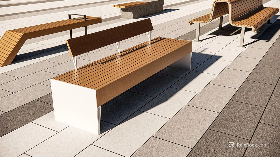 Modern Minimalist Landscape Benches With Wooden Slat Top And Metal Frame On Paved Plaza 3d model 