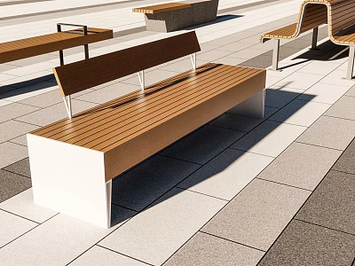 Modern Minimalist Landscape Benches With Wooden Slat Top And Metal Frame On Paved Plaza 3d model