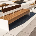 Modern Minimalist Landscape Benches With Wooden Slat Top And Metal Frame On Paved Plaza