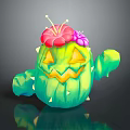 Cartoon Cactus Character With Green Body Waving Arm Yellow Face Features And Flower Decorated Head