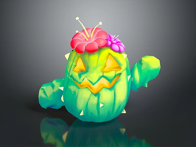 Cartoon Cactus Character With Green Body Waving Arm Yellow Face Features And Flower Decorated Head 3d model
