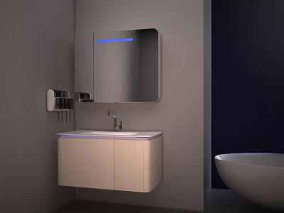 Modern Bathroom Vanity With White Cabinet Doors Blue LED Mirror And Side Shelf 3d model