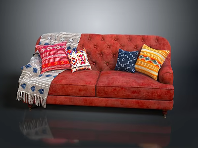 Red Tufted Two Seater Sofa With Colorful Pillows And Cozy Blanket 3d model