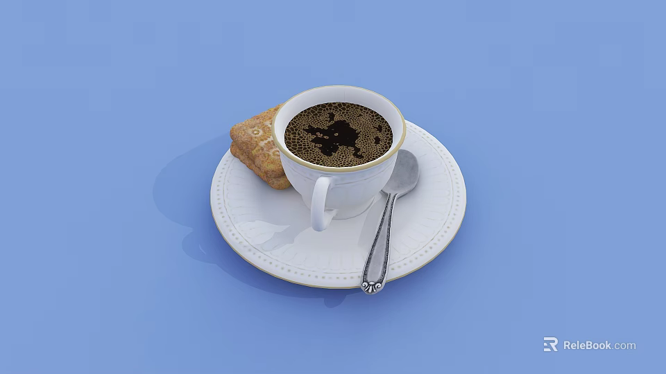 Fresh Coffee in White Cup on White Saucer with Cookie and Spoon on Blue Background 3d model 