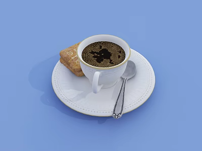 Fresh Coffee in White Cup on White Saucer with Cookie and Spoon on Blue Background 3d model