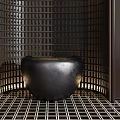 Modern Luxury Front Desk Reception Area With Round Pendant Light And Grid Backdrop