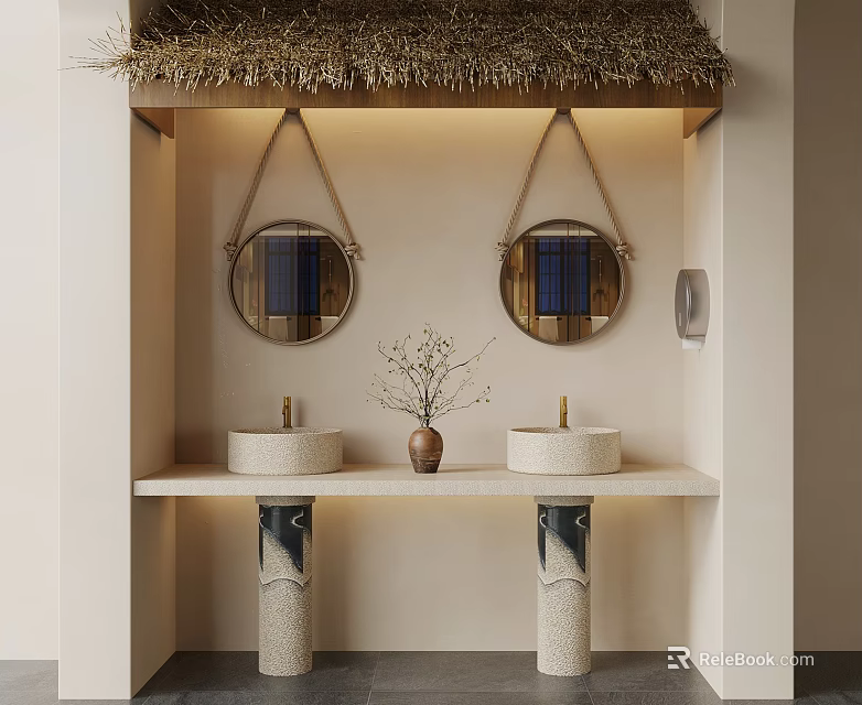 Minimalist Bathroom Vanity With Double Sinks Round Mirrors Stone Pillars And Thatched Roof 3d model 