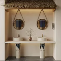 Minimalist Bathroom Vanity With Double Sinks Round Mirrors Stone Pillars And Thatched Roof