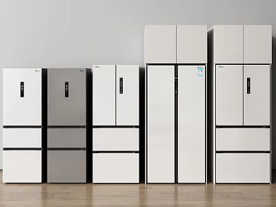 Various Styles Colors Refrigerators Freezers Display With White Walls Wooden Floor 3d model