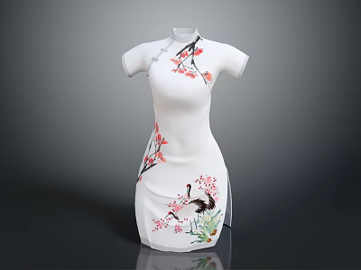 White Cheongsam with Plum Blossom and Crane Patterns Short Sleeves and Mandarin Collar Design 3d model