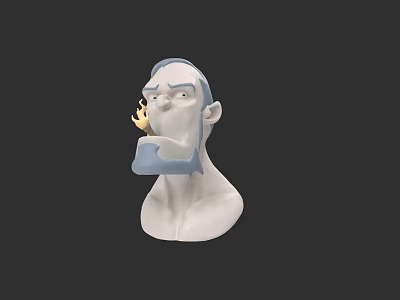 Cartoon Style Man Statue With Blue Gray Hair And Beard Featuring Flame 3d model