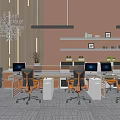Office Desks with Ergonomic Chairs Computer Monitors Wall Shelves and Decorative Letters