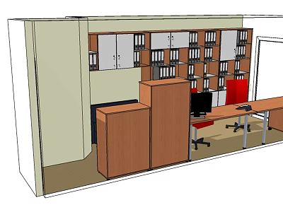 Functional Office Desk Setup With Red Chair Bookshelves Filing Cabinets And Computer 3d model