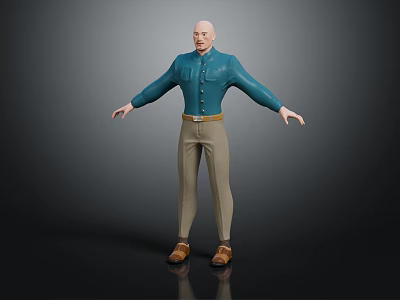 Bald Man in Blue Shirt and Brown Pants with Arms Outstretched on Dark Background 3d model