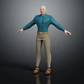 Bald Man in Blue Shirt and Brown Pants with Arms Outstretched on Dark Background