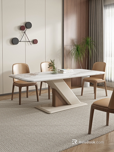 Modern Dining Table Set With Marble Top Z-shaped Base Light Brown Chairs And Potted Plant 3d model 