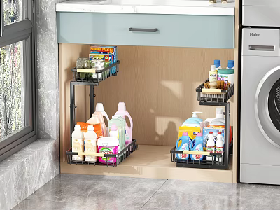 Under Cabinet Shelving Unit for Organizing Cleaning Supplies and Detergent Bottles in Laundry Room 3d model