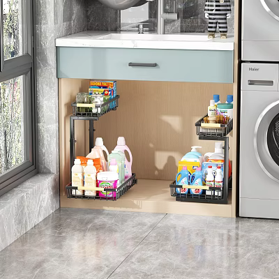 Under Cabinet Shelving Unit for Organizing Cleaning Supplies and Detergent Bottles in Laundry Room 3d model