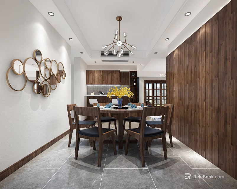 Modern Restaurant Interior With Wooden Wall Dining Table Chairs Chandelier Decorative Art And Yellow Flowers 3d model 