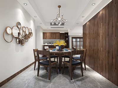 Modern Restaurant Interior With Wooden Wall Dining Table Chairs Chandelier Decorative Art And Yellow Flowers 3d model