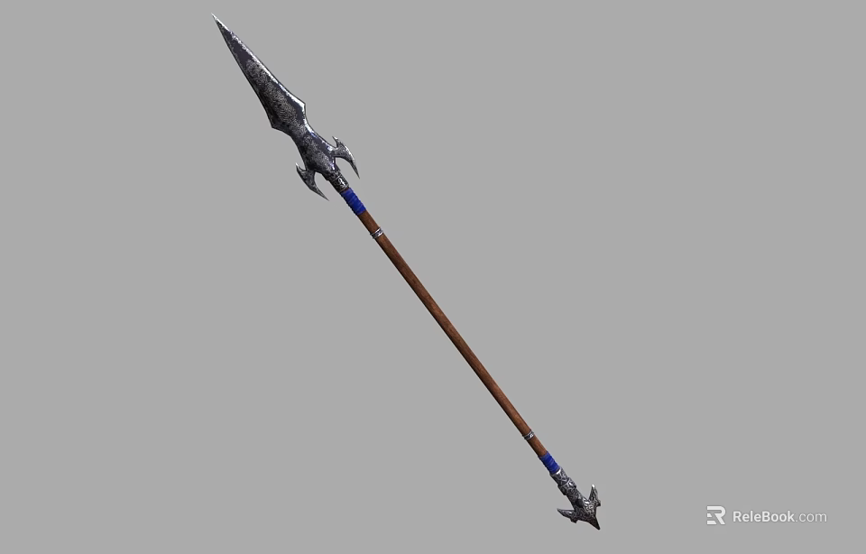 Medieval Spear Weapon With Metal Head Wooden Shaft And Blue Accents 3d model 