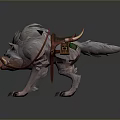 Fantasy Boar Mount With White Fur Red Saddle And Ornamental Gear Details