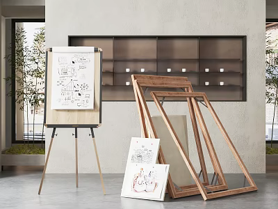 Wooden Easel Drawing Board And Artworks In Modern Interior Space 3d model