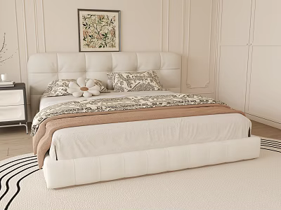 Modern Double Bed With White Upholstered Headboard Patterned Pillows And Framed Artwork 3d model