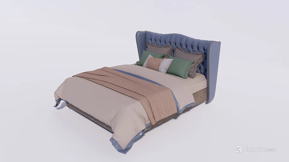 Comfortable Double Bed With Blue Tufted Headboard Beige Bedspread And Green Pillows 3d model
