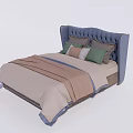 Comfortable Double Bed With Blue Tufted Headboard Beige Bedspread And Green Pillows 3d model