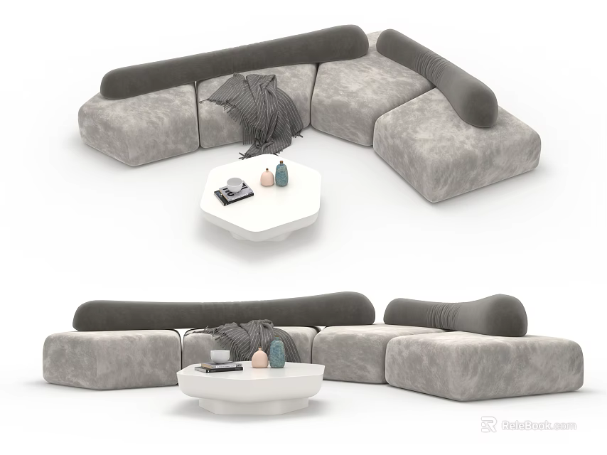Modern Gray Soft Fabric L shaped Sofa Coffee Table Set With White Table Decorative Items 3d model 