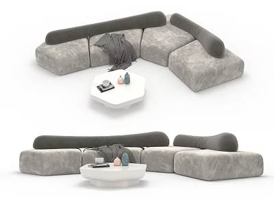 Modern Gray Soft Fabric L shaped Sofa Coffee Table Set With White Table Decorative Items 3d model