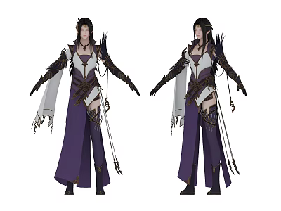 Character Design Featuring Purple Robe With White Black Accents Flowing Sashes And Straps 3d model