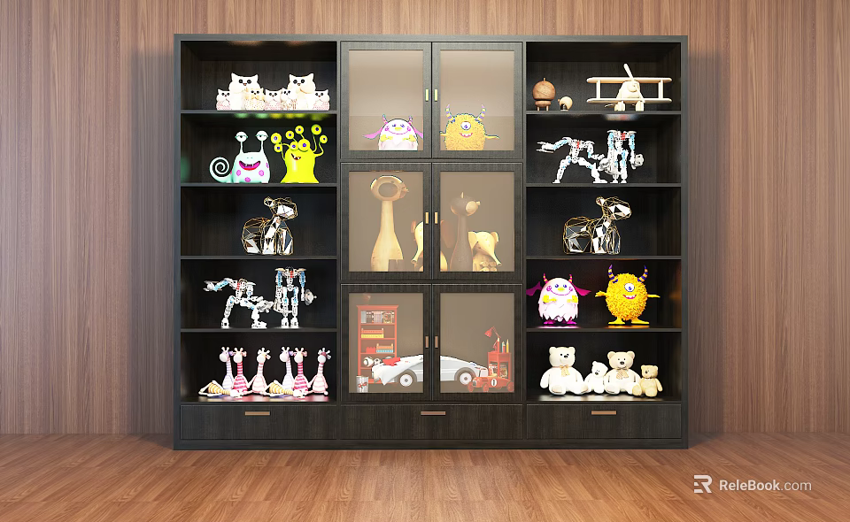 Black Display Cabinet Shelf With Glass Doors And Stuffed Toys On Multiple Layers 3d model 
