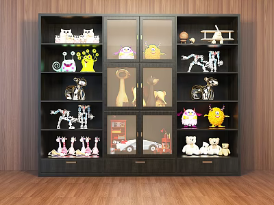 Black Display Cabinet Shelf With Glass Doors And Stuffed Toys On Multiple Layers 3d model