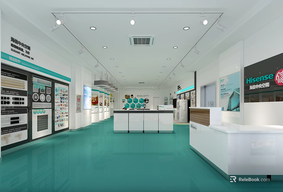 Modern Exhibition Hall Interior With Display Cabinets Reception Counters And Spotlights 3d model 