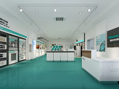Modern Exhibition Hall Interior With Display Cabinets Reception Counters And Spotlights 3d model