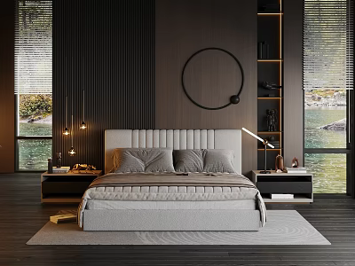 Comfortable Double Bed In Modern Bedroom With Gray Headboard Wooden Floor And Natural View 3d model