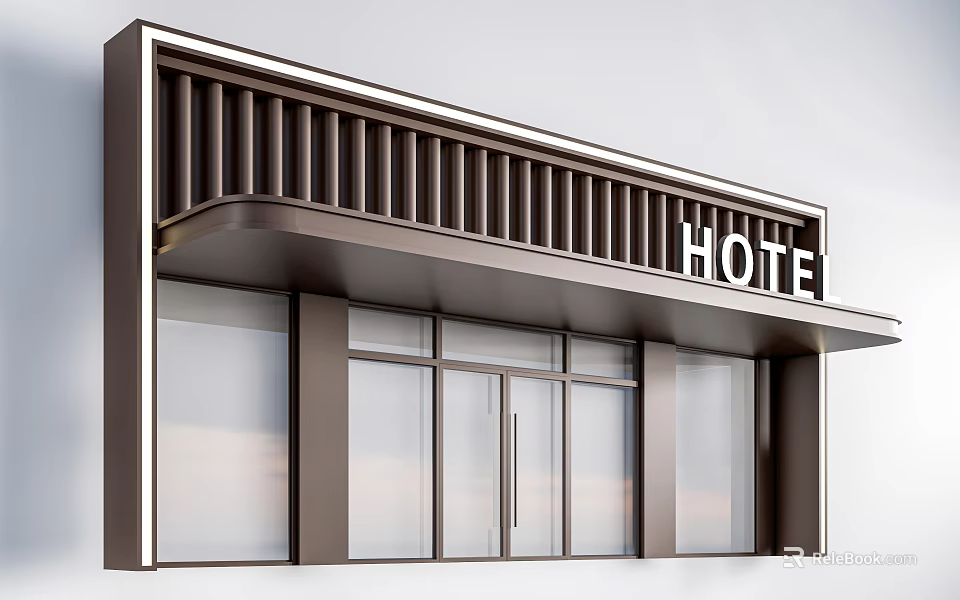Modern Hotel Entrance Design With Brown Frame Glass Doors And HOTEL Sign 3d model 