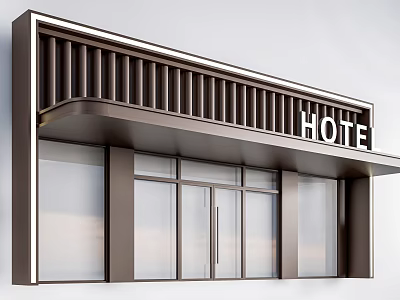 Modern Hotel Entrance Design With Brown Frame Glass Doors And HOTEL Sign 3d model