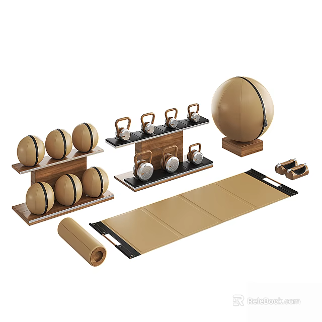 Home Fitness Sports Equipment Including Yoga Balls Kettlebells Foldable Yoga Mat And Wooden Racks 3d model 