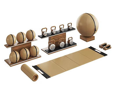 Home Fitness Sports Equipment Including Yoga Balls Kettlebells Foldable Yoga Mat And Wooden Racks 3d model