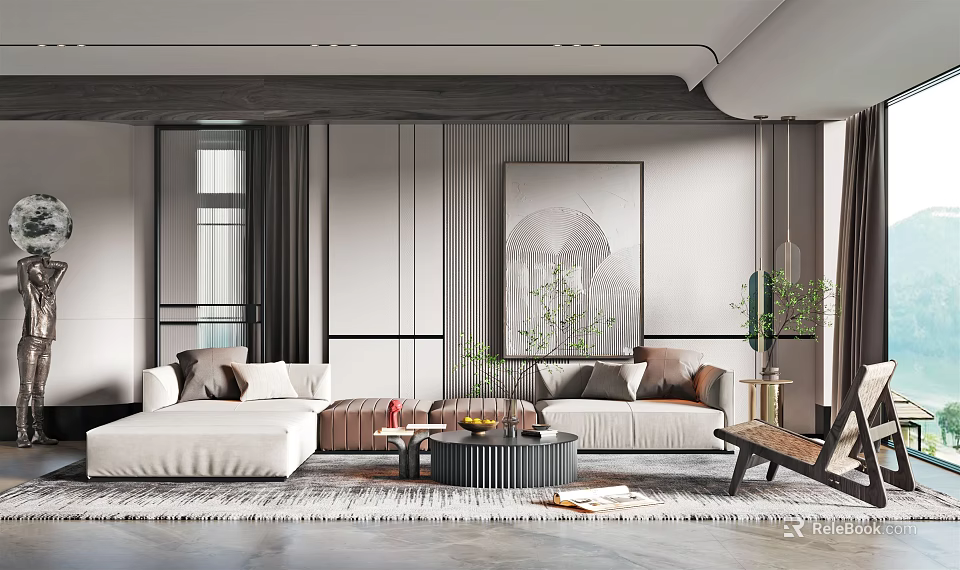 Elegant Modern Living Room Interior Design With White Sofa Gray Walls And Large Decorative Painting 3d model 