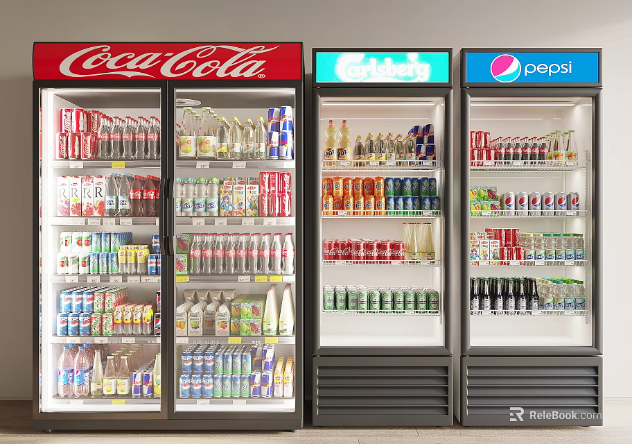 Commercial Display Refrigerators Stocked With Coca Cola Sprite Pepsi Beverages Cans And Bottles 3d model 